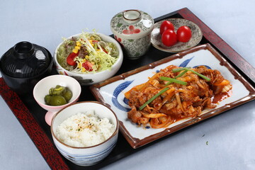 food, japanese food, delicious, fried pork belly kimchi set