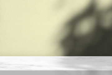 White Marble Table with Tree Shadow on Concrete Wall Texture Background in Beige Tone, Suitable for Product Presentation Backdrop, Display, and Mock up.