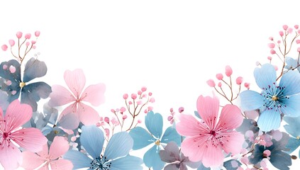 Watercolor floral border, pastel pink and baby blue tones, white background, muted colors,