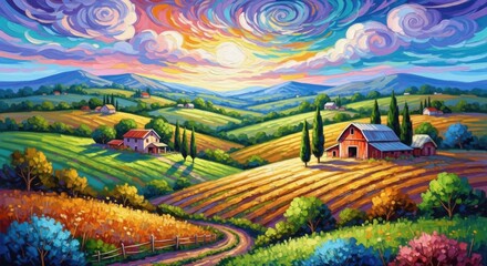 Fototapeta premium Vibrant Rolling Hills Countryside Landscape Painting at Sunset