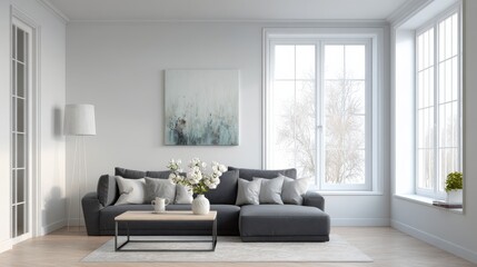 Fototapeta premium Side angle of white minimalist living room with gray accents, painting, sofa, lamp, scandinavian coffee table and window, no logos, no brands