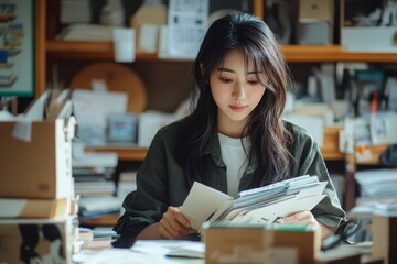 Young Asian woman, the owner of a small online store, packing customer orders in the home office, Generative AI