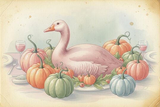 Vintage watercolor illustration of a festive thanksgiving goose surrounded by pumpkins on a dinner table
