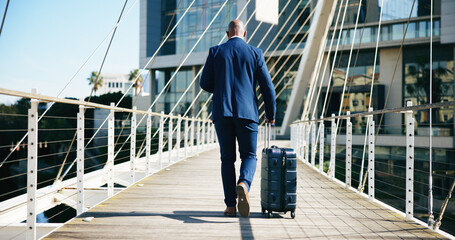 Back view, businessman and travel with suitcase in city for corporate trip or journey on bridge....