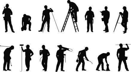 Construction worker silhouette set, men using tools, surveying, measuring, climbing ladder, digging, professional labor poses vector illustration flat vector illustration