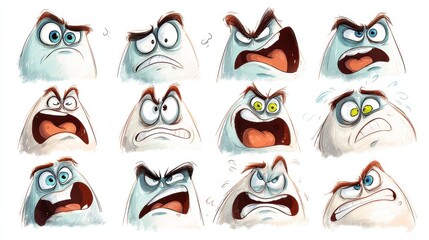 Obraz premium Cartoon expressions. Cute face elements eyes and mouths with happy, sad and angry, disbelief emotions. Caricature characters, no logos, no brands