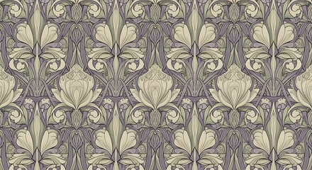 Floral Art Nouveau Pattern, Beige Lilac Ornament, Seamless Background