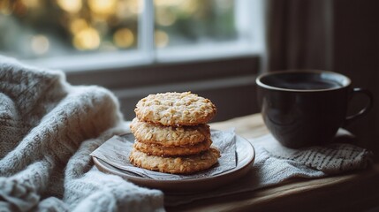 Golden Anzac biscuits made with oats and coconut, stacked on a napkin-lined plate with a hot cup of black tea in a cozy, home-style setting.
