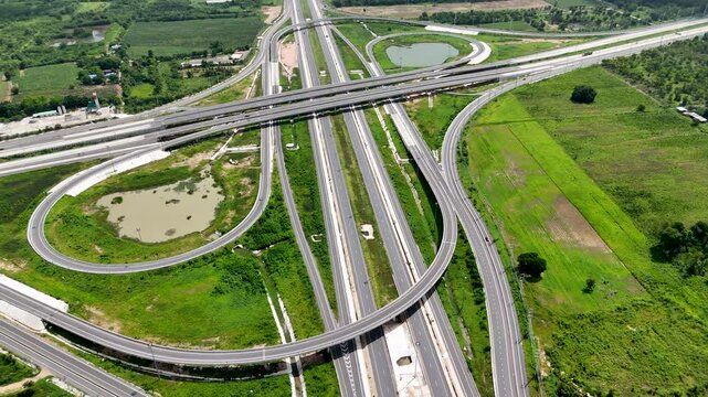 Drone footage aerial view bridge intersection between the highway numbers 290 and 304 Nakhon Ratchasima