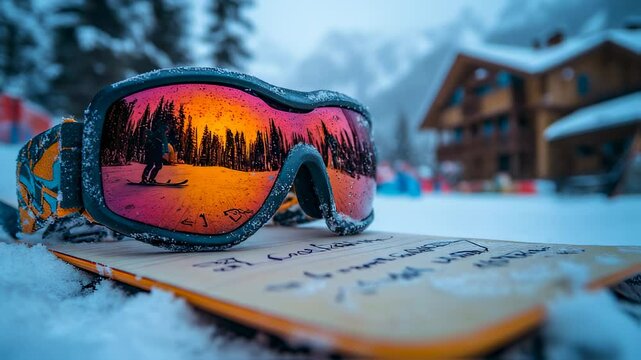 Close-up of ski goggles on a snowboard in snowy winter landscape setting