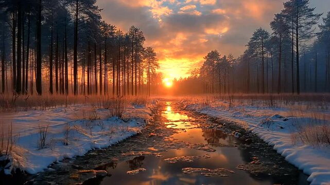 Captivating winter sunrise over a snow-covered forest and frozen river landscape