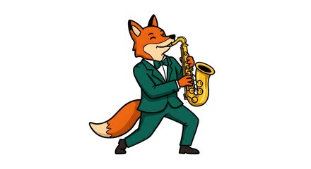 Fox playing saxophone in green suit