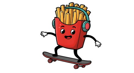 Fries mascot with blue headphones on skateboard