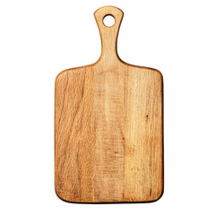 Rustic wooden cutting board with handle isolated on white background
