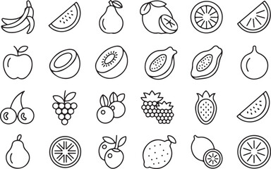 Set of fruits icons vector illustration.Fruits line icon set. Vector pictograms of banana, orange, strawberry, grapes, pineapple, mango, blueberry, raspberry, lime, kiwi, papaya, pomegranate, coconut,