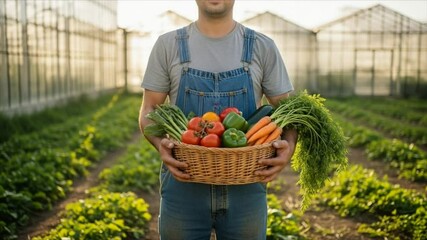 Farmer proudly displays a basket of freshly harvested vegetables in a greenhouse.