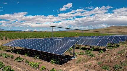 Solar-powered irrigation system on a farm powering water pumps in a dry landscape.