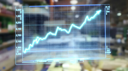 Holographic chart rises within supermarket, displaying increasing sales data, with blurred shelves. Use financial analysis