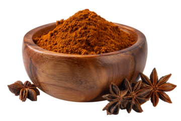 Wooden bowl filled with ground cinnamon spice and star anise pods isolated on transparent background