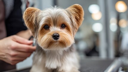 Professional groomer gives cute little dog trandy haircut at zoo salon. Dog grooming, care for your pet. Grooming training, close up view, ai generative image