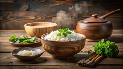 Traditional Korean rice wine in a rustic bowl with steaming hot rice and fresh herbs, beverage, earthy,  beverage