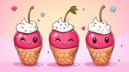 Cartoon cherries with winking faces sitting on a doodle ice cream cone, pastel dessert background with sprinkles and whipped cream, sweet and fun vibe. Bold outlines, vector art, clean lines,
