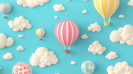 Wanddecoratie Luchtballon Playful sky background with cute 3D hot air balloons and fluffy white clouds, ideal for whimsical and children's designs.  © Husnain