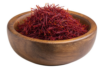 Naklejka premium Heap of dried red saffron threads in a wooden bowl isolated on transparent background