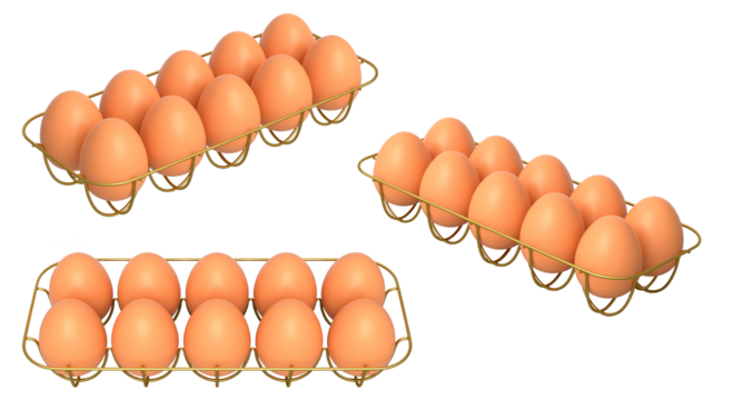 Metal trays filled with neatly stacked brown eggs, isolated on white transparent background. Concept of egg variety and food industry