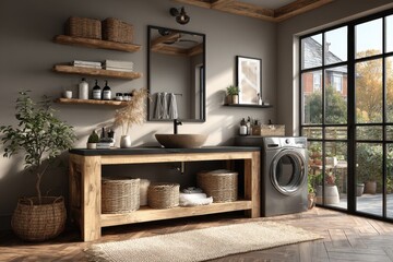 Bright and Minimal Laundry Bathroom with Washing Machine, Wooden Countertop, and Scandinavian Interior Design