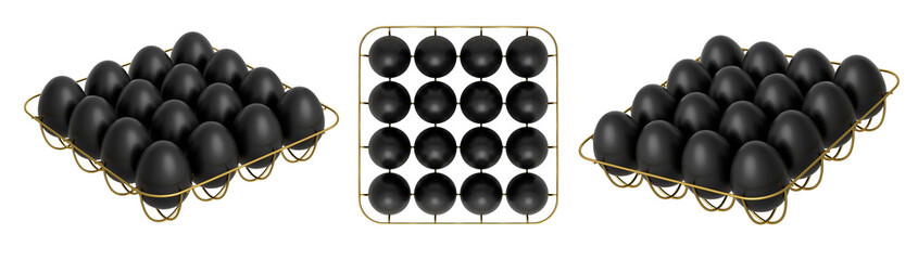 Metal trays filled with neatly stacked black eggs, isolated on white transparent background....