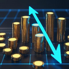 Top-down perspective of glowing golden coin stacks forming a bar graph, blue neon arrow line showing upward trend, futuristic digital finance theme, dark background with grid lights.