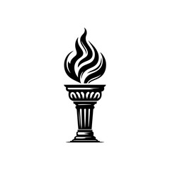 A stylized black and white torch design, featuring a classical column base and a fiery flame.