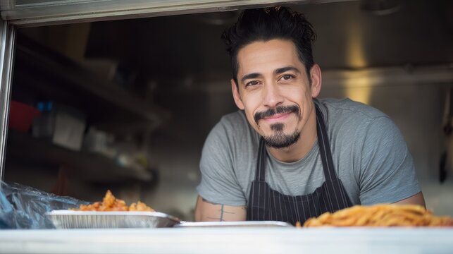 Hispanic man serving take away food inside food truck - Focus on chef face, no logos, no brands