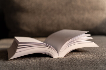 open book on cozy grey couch