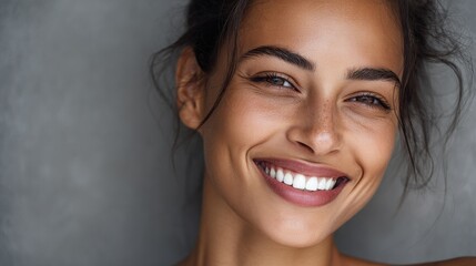 Close up face of young woman with beautiful smile isolated on grey wall with copy space. Successful multiethnic girl. Latin woman looking at camera against gray wall with a big whitening teeth smile.