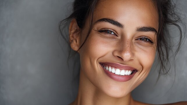 Close up face of young woman with beautiful smile isolated on grey wall with copy space. Successful multiethnic girl. Latin woman looking at camera against gray wall with a big whitening teeth smile.