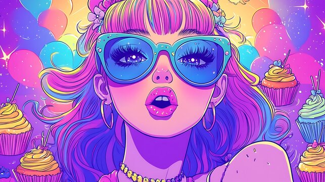 Donut Diva dancing at a doodle party, sunglasses and long eyelashes sparkling under pastel lights, surrounded by doodle cupcakes and sweets. Bold outlines, vector art, clean lines, flat colors,
