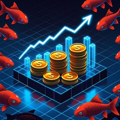 Top-down perspective of glowing golden coin stacks forming a bar graph, blue neon arrow line showing upward trend, futuristic digital finance theme, dark background with grid lights.
