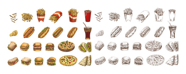 Hand drawn vintage fast food set with colored and monochrome versions of fries, burgers, hot dogs and soda