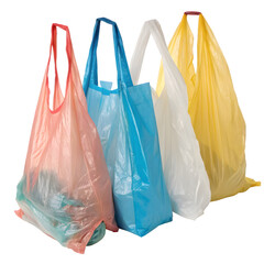 Four colorful plastic shopping bags arranged in a row isolated on transparent background