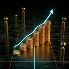 Top-down perspective of glowing golden coin stacks forming a bar graph, blue neon arrow line showing upward trend, futuristic digital finance theme, dark background with grid lights.
