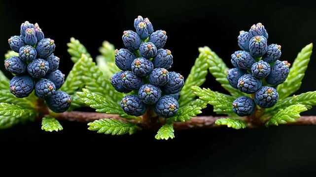 Close-Up Display of Juniper Berries with Green Foliage on a Black Background
