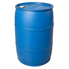 Bright blue plastic barrel container with metal lid isolated on transparent background
