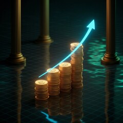 Top-down perspective of glowing golden coin stacks forming a bar graph, blue neon arrow line showing upward trend, futuristic digital finance theme, dark background with grid lights.