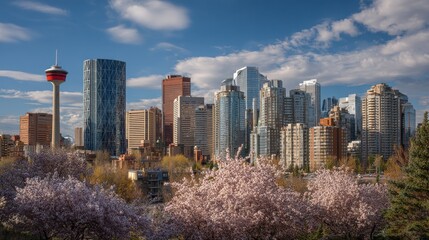 Naklejka premium View of Calgary's skyline on a beautiful spring morning. , no logos, no brands