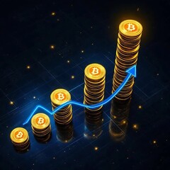 Top-down perspective of glowing golden coin stacks forming a bar graph, blue neon arrow line showing upward trend, futuristic digital finance theme, dark background with grid lights.