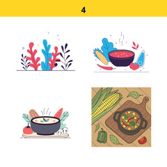 Collection of flat design food illustrations featuring soup and vegetables