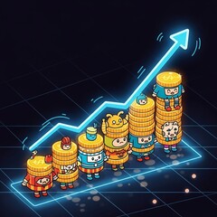 Top-down perspective of glowing golden coin stacks forming a bar graph, blue neon arrow line showing upward trend, futuristic digital finance theme, dark background with grid lights.