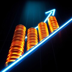 Top-down perspective of glowing golden coin stacks forming a bar graph, blue neon arrow line showing upward trend, futuristic digital finance theme, dark background with grid lights.